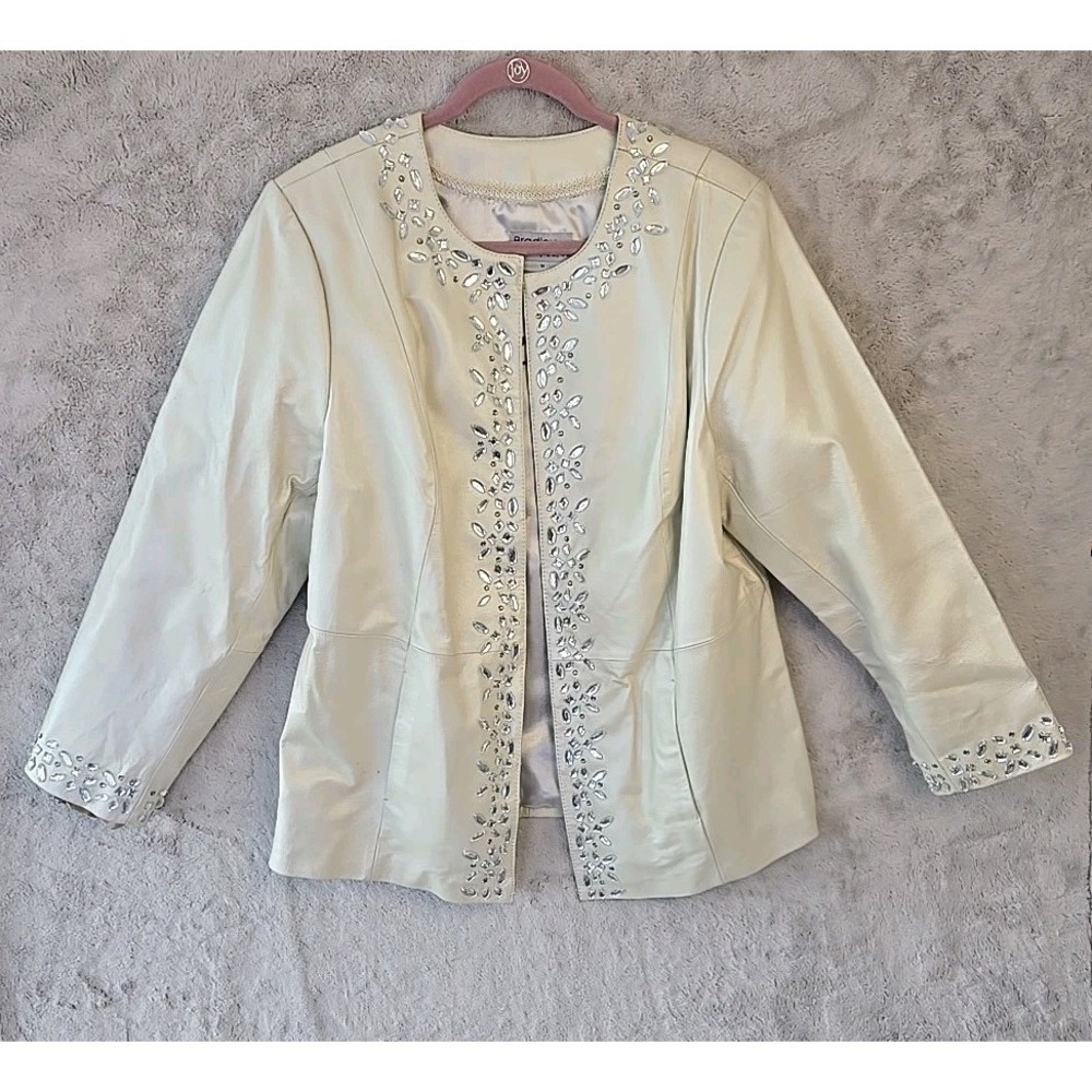 Bradley Bayou Ivory Iridescent Embellish Leather Jacket Rhinestone Women Size XL